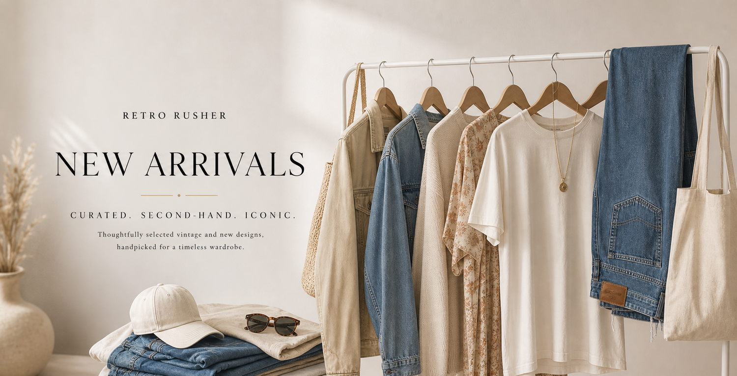 Kleidungsständer mit Vintage-Kleidung, Jeans und weißem T-Shirt neben dem Text „Retro Rusher New Arrivals – Curated, Second-Hand, Iconic