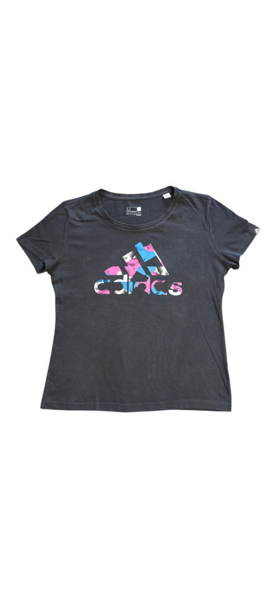 Adidas Damen T-Shirt Schwarz mit Adidas Logo in Blau, Rosa, Weiß