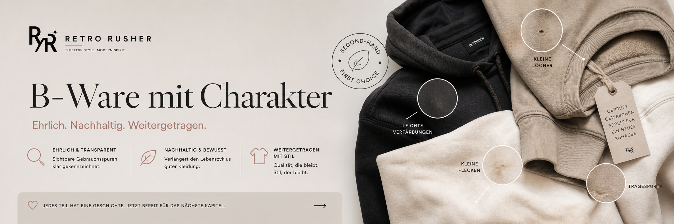 Retro Rusher Banner mit der Überschrift B-Ware mit Charakter und Beispielen für Gebrauchsspuren wie kleine Löcher, leichte Verfärbungen und kleine Flecken auf Hoodies und Sweatern.