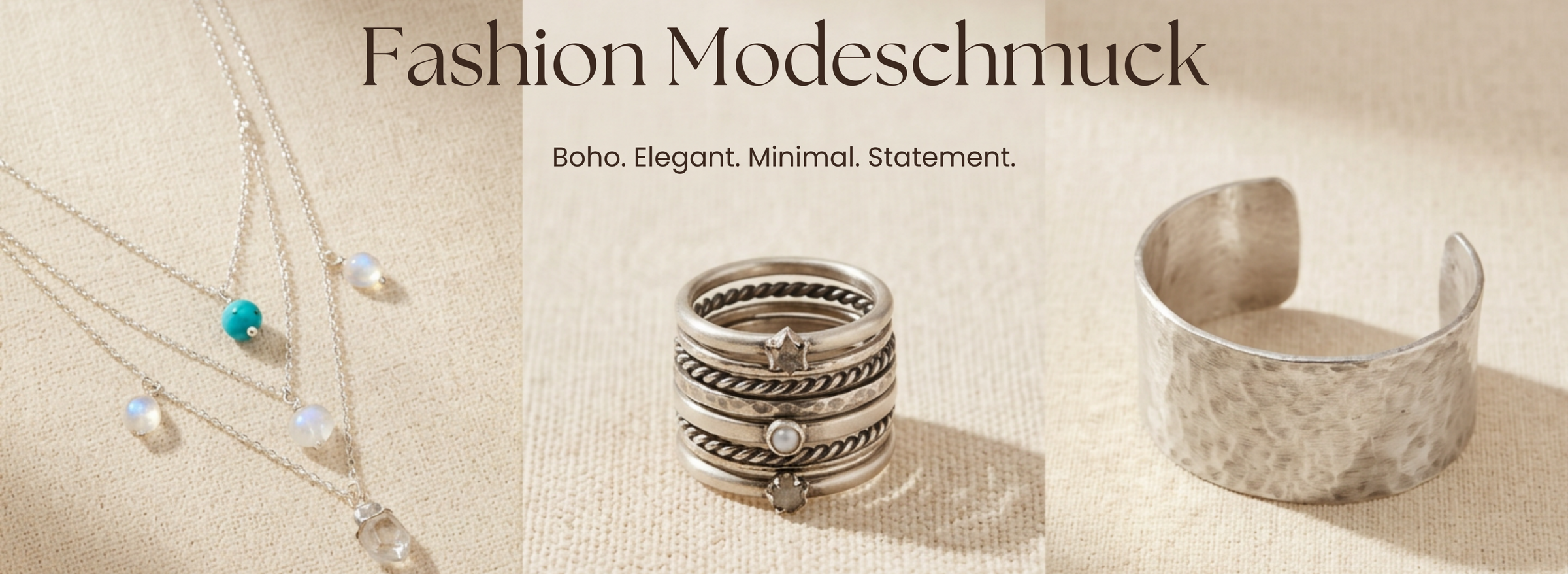 Retro Rusher Banner für Fashion Modeschmuck mit der Unterüberschrift Boho Elegant Minimal Statement, links feine Silberketten, mittig gestapelte Ringe und rechts ein gehämmerter Armreif.
