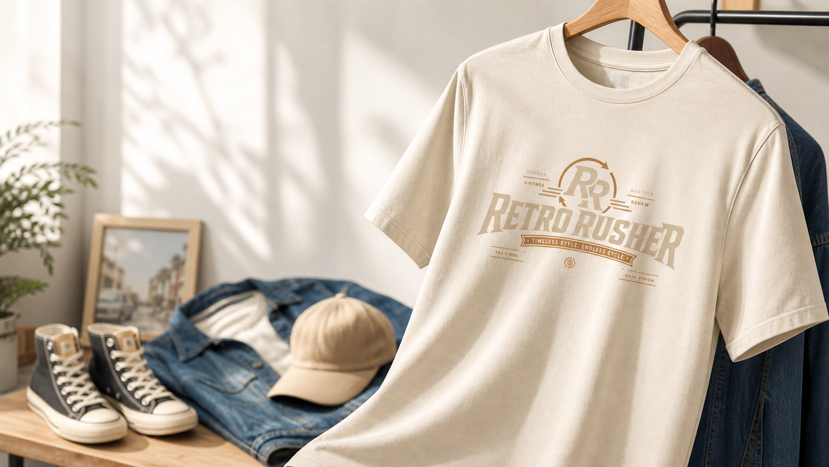 Cremefarbenes Retro Rusher Grafik-T-Shirt auf einem Holzkleiderbügel mit dem Logo Timeless Style Endless Cycle, im Hintergrund eine Jeansjacke, Sneakers und eine Kappe.