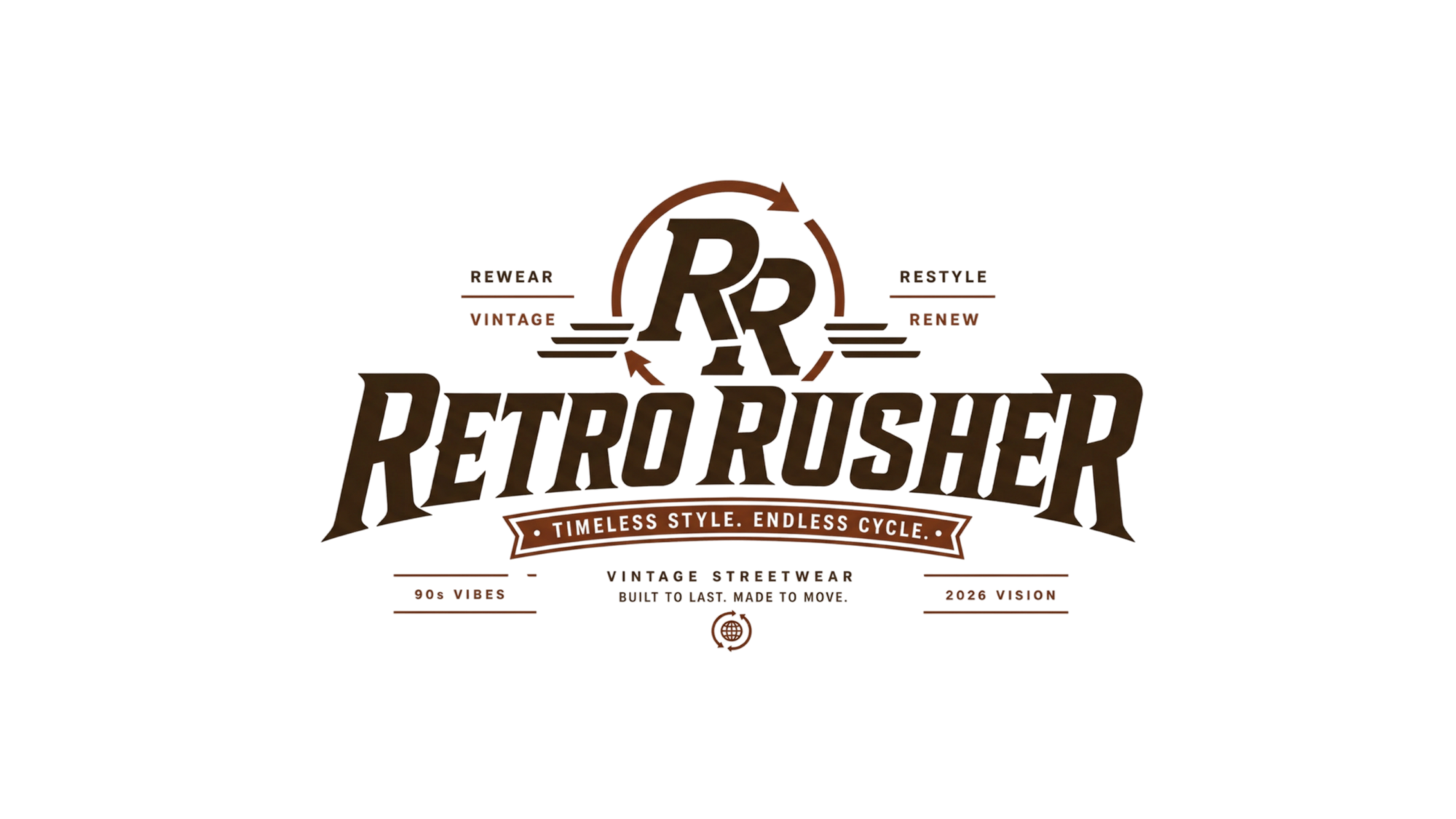 Das offizielle Retro Rusher Markenlogo in Braun und Weiß mit dem kreisförmigen RR-Monogramm, dem Schriftzug Retro Rusher, dem Slogan Timeless Style Endless Cycle und den Zusätzen Vintage Streetwear, 90s Vibes und 2026 Vision.
