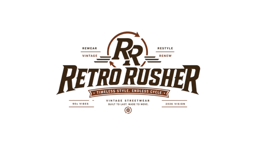 Das offizielle Retro Rusher Markenlogo in Braun und Weiß mit dem kreisförmigen RR-Monogramm, dem Schriftzug Retro Rusher, dem Slogan Timeless Style Endless Cycle und den Zusätzen Vintage Streetwear, 90s Vibes und 2026 Vision.
